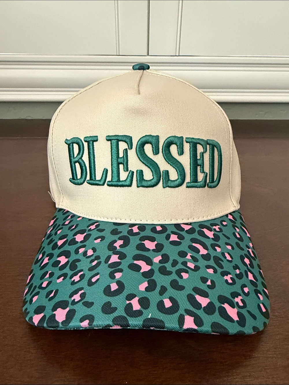 Zenana Outfitters Cream Cap with Teal Embroidery and Teal-Pink Leopard Brim